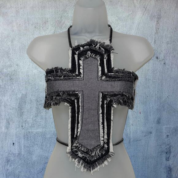 New Small Denim Fringe Cross Backless Halter Top Crop Blouse Sleeveless Sexy - Picture 2 of 5
